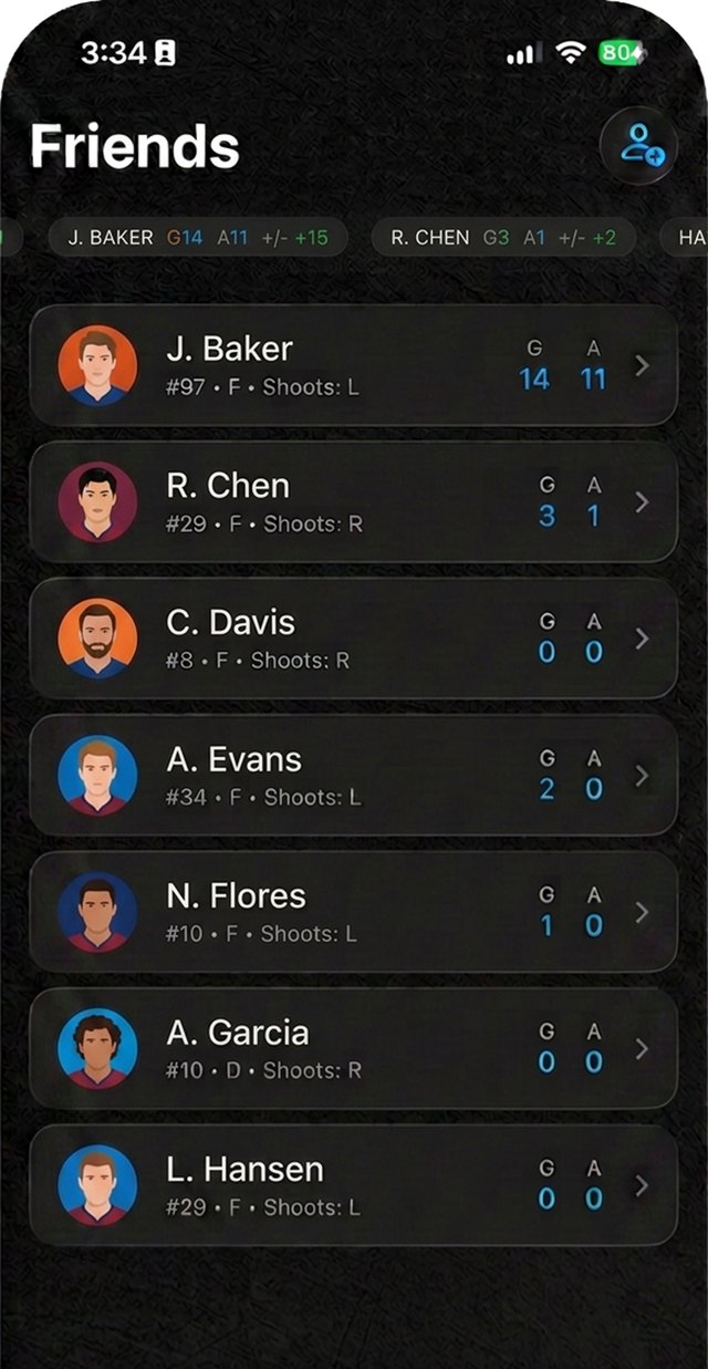 Ice Time app — the Friends screen: a scrolling ticker of friends' stats above a list of friends showing each player's number, position, shooting hand, goals and assists.