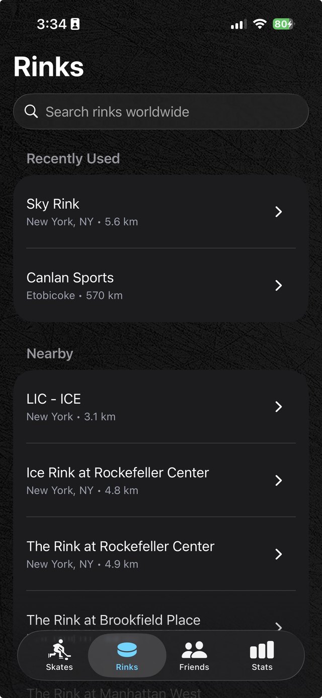 Ice Time app — the Rinks screen: a worldwide rink search with Recently Used and Nearby rinks listed with their distances.