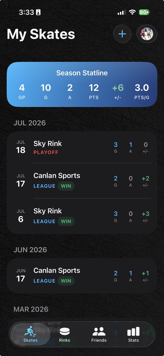 Ice Time app — the My Skates screen: a Season Statline card showing games played, goals, assists, points and plus-minus above a list of logged skates.